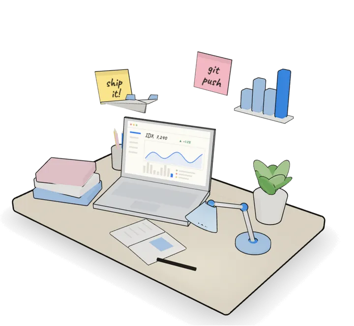 Sketch of a desk with a laptop showing a stock chart, books, a plant, a desk lamp and sticky notes